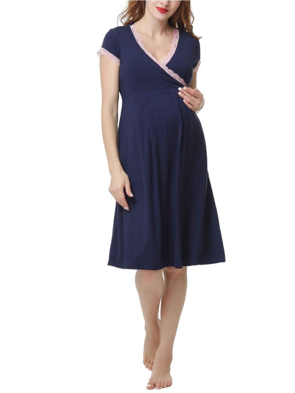 Navy Maternity Nursing Nihhtgown with Pink Lace Trim